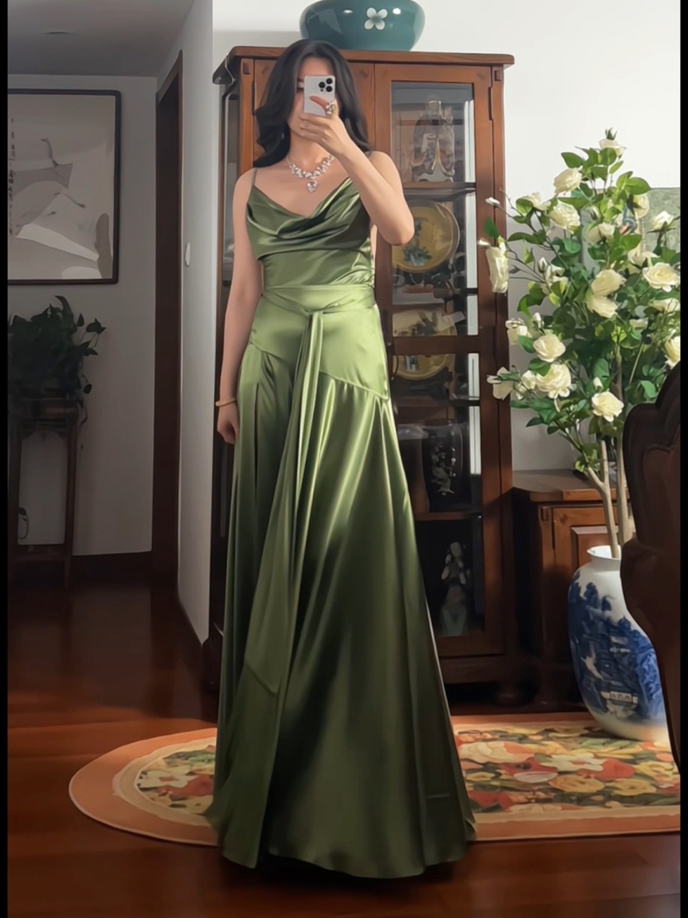 Bronx & Banco LEO Green Satin HighSlit Tassel Embellished SlipGown Dress M NWOT